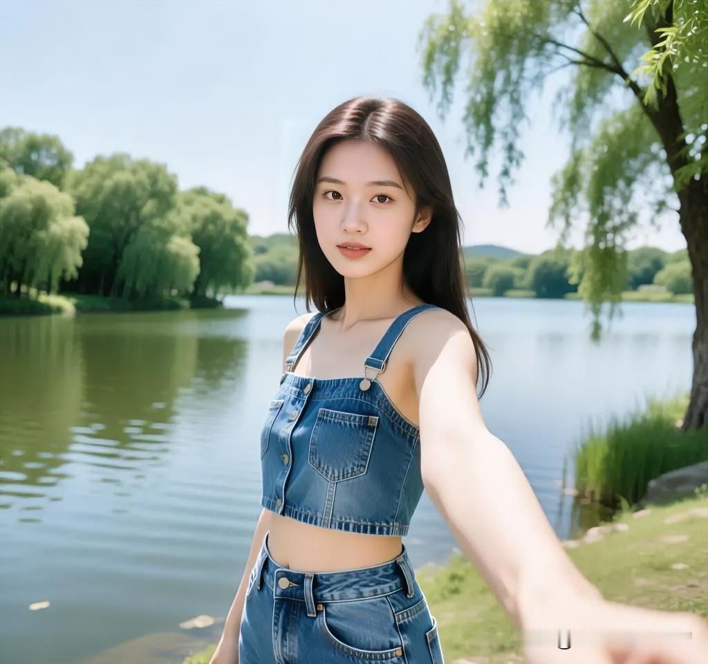 湖畔柳荫下，牛仔套装洋溢着青春活力。蓝天碧水映衬，牵手回眸间，尽显明媚少女的清新