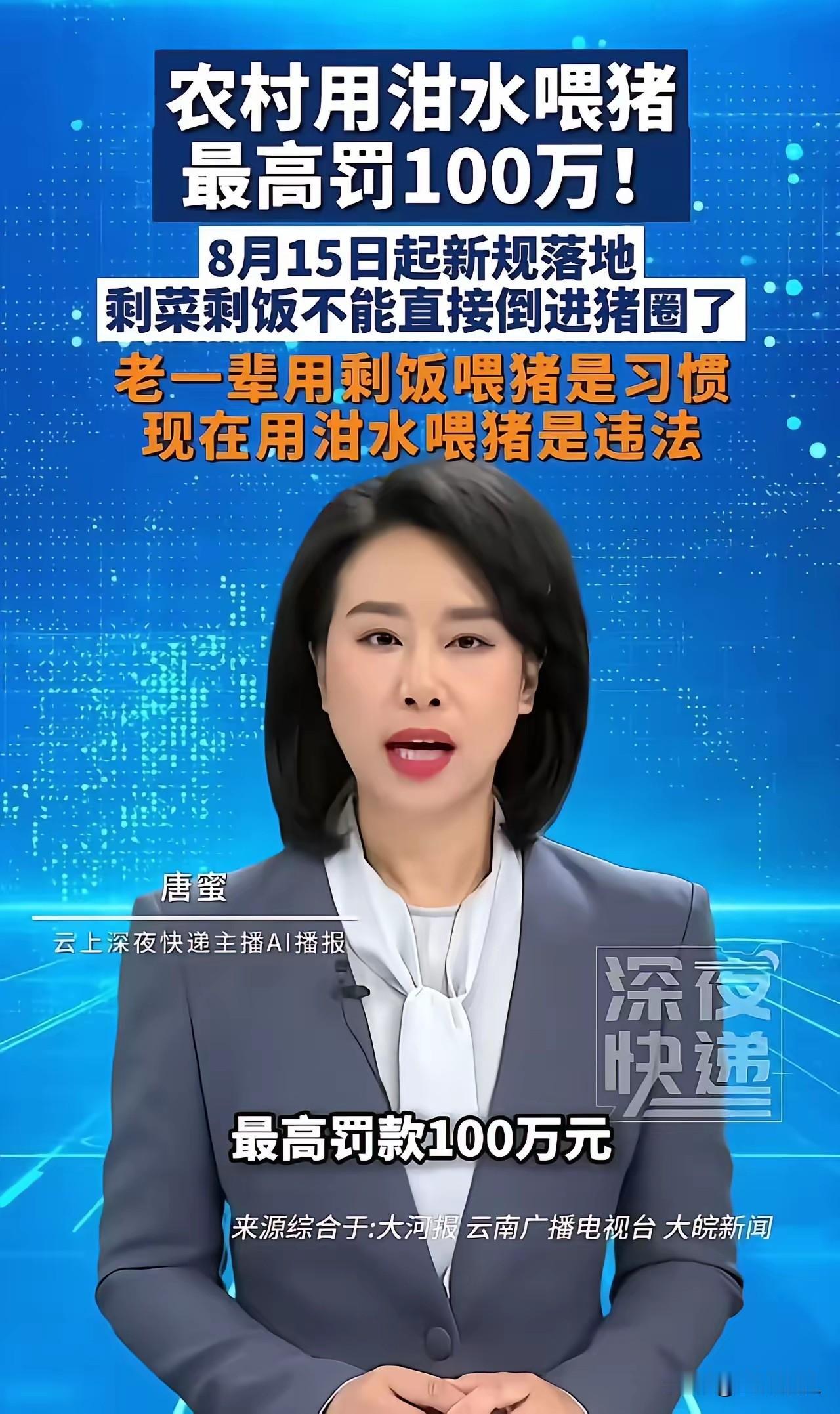 农村用泔水喂猪，最高罚100万！”8月15日起新规落地，剩菜剩饭不能直接喂猪了。