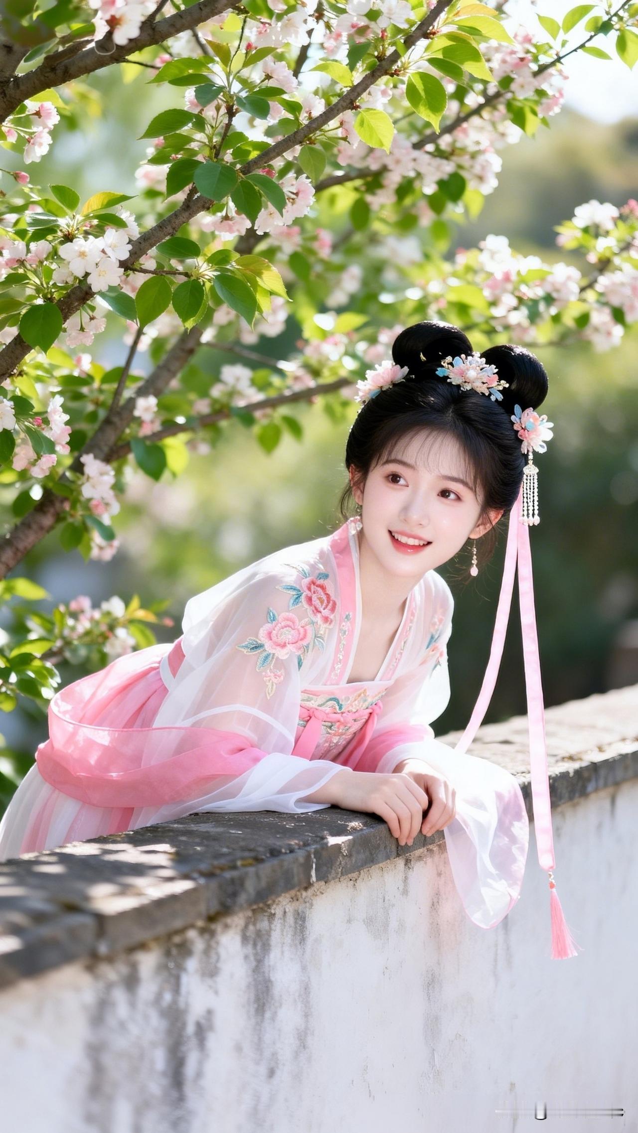 你认为哪种女孩最迷人春天阳光灿烂的日子，围墙边樱花树下，一个可爱的妹妹趴在墙上往