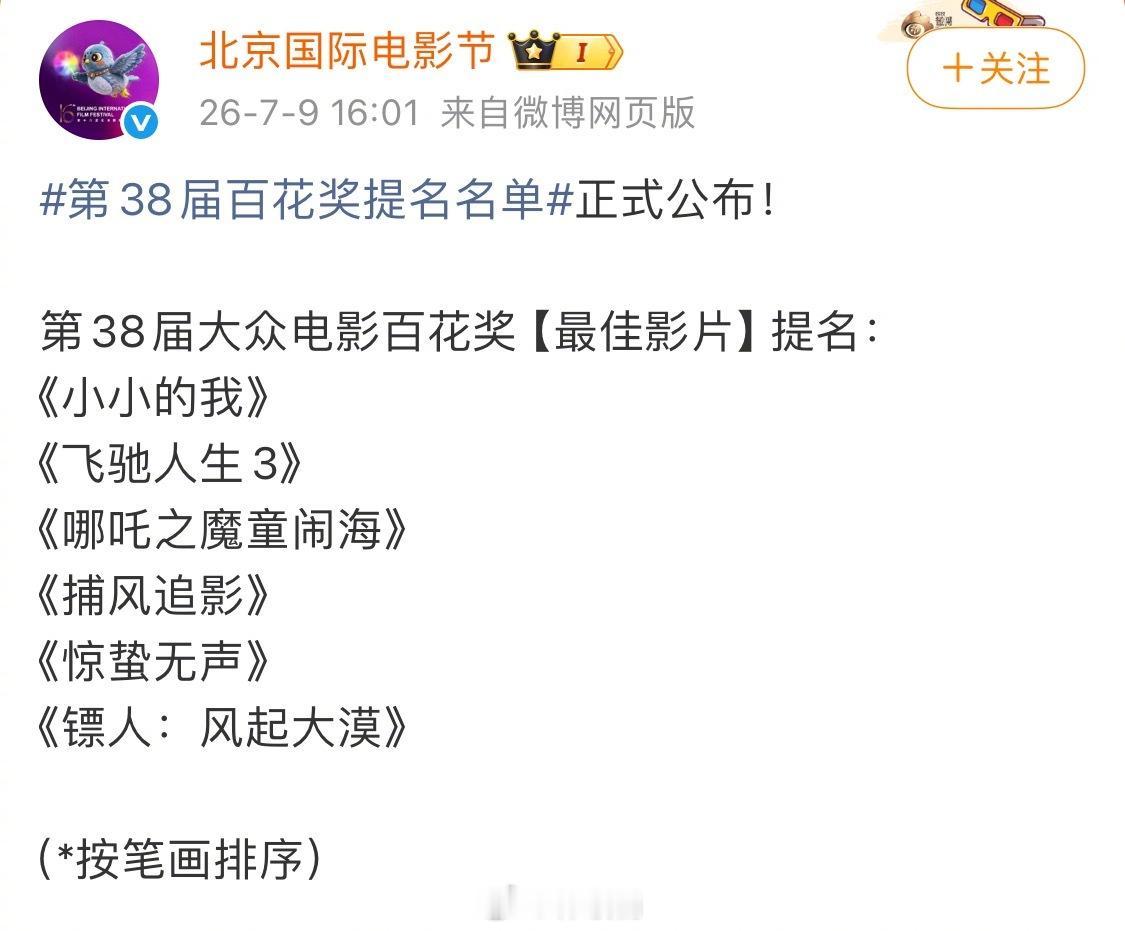 百花奖 哪吒2今年提名的是最佳影片，不是最佳动画了 第38届百花奖提名名单