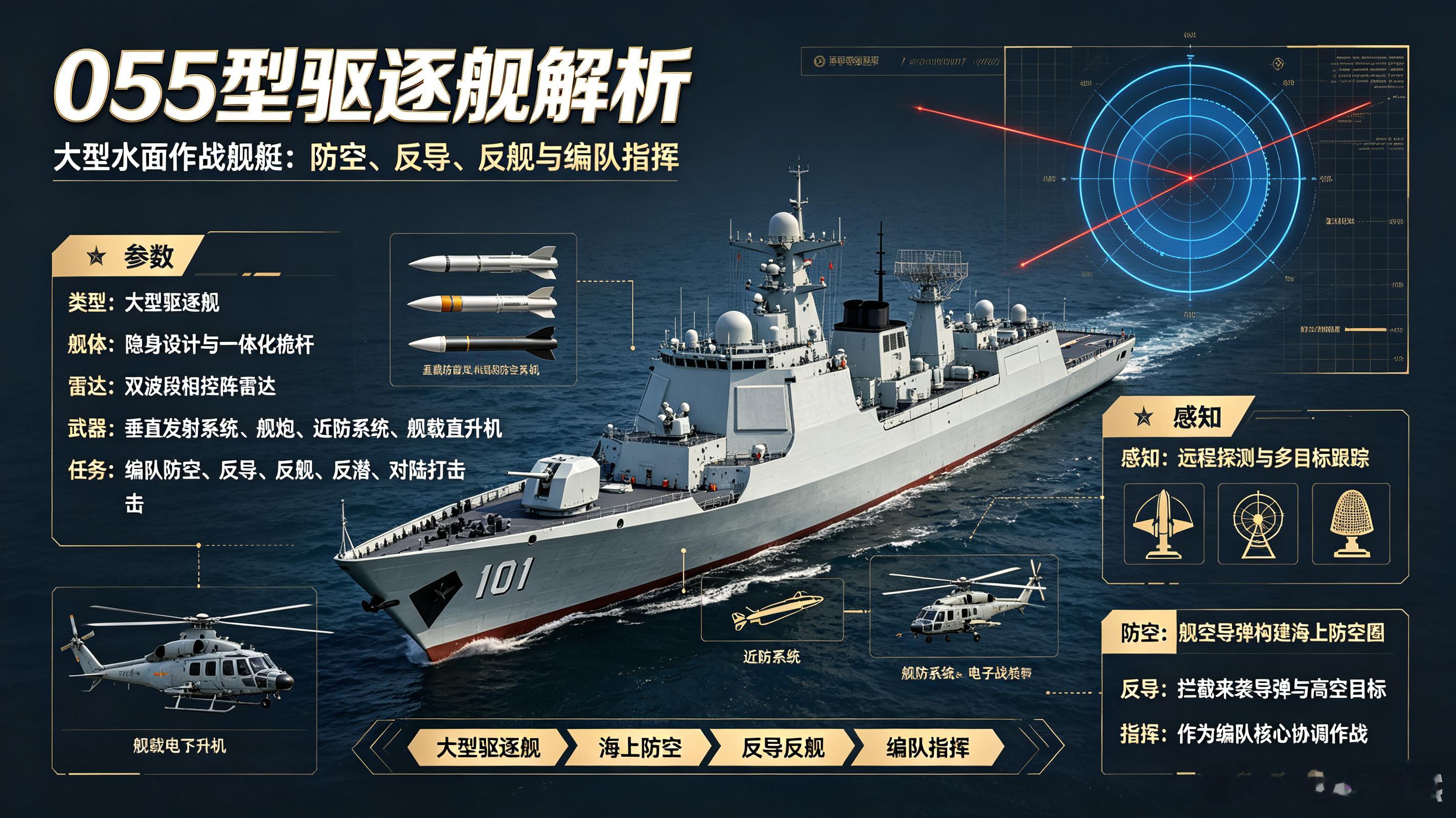 055型驱逐舰是大型现代化水面作战舰艇，具备较强的远程探测、防空反导、反舰打击、