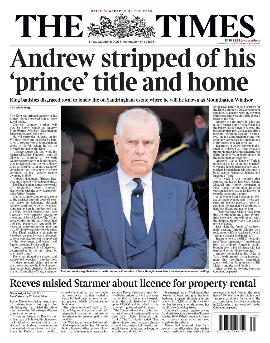 《泰晤士报》报道英国王室成员安德鲁失去了英国王室王子头衔和王室温莎的豪宅，并称他