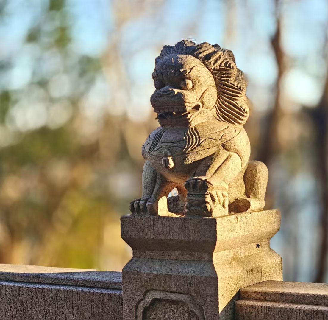 石狮子把黄昏嚼成碎金，纹路里漫出的暖，是光阴在古老的守护里，偷偷酿的蜜。
🌇 