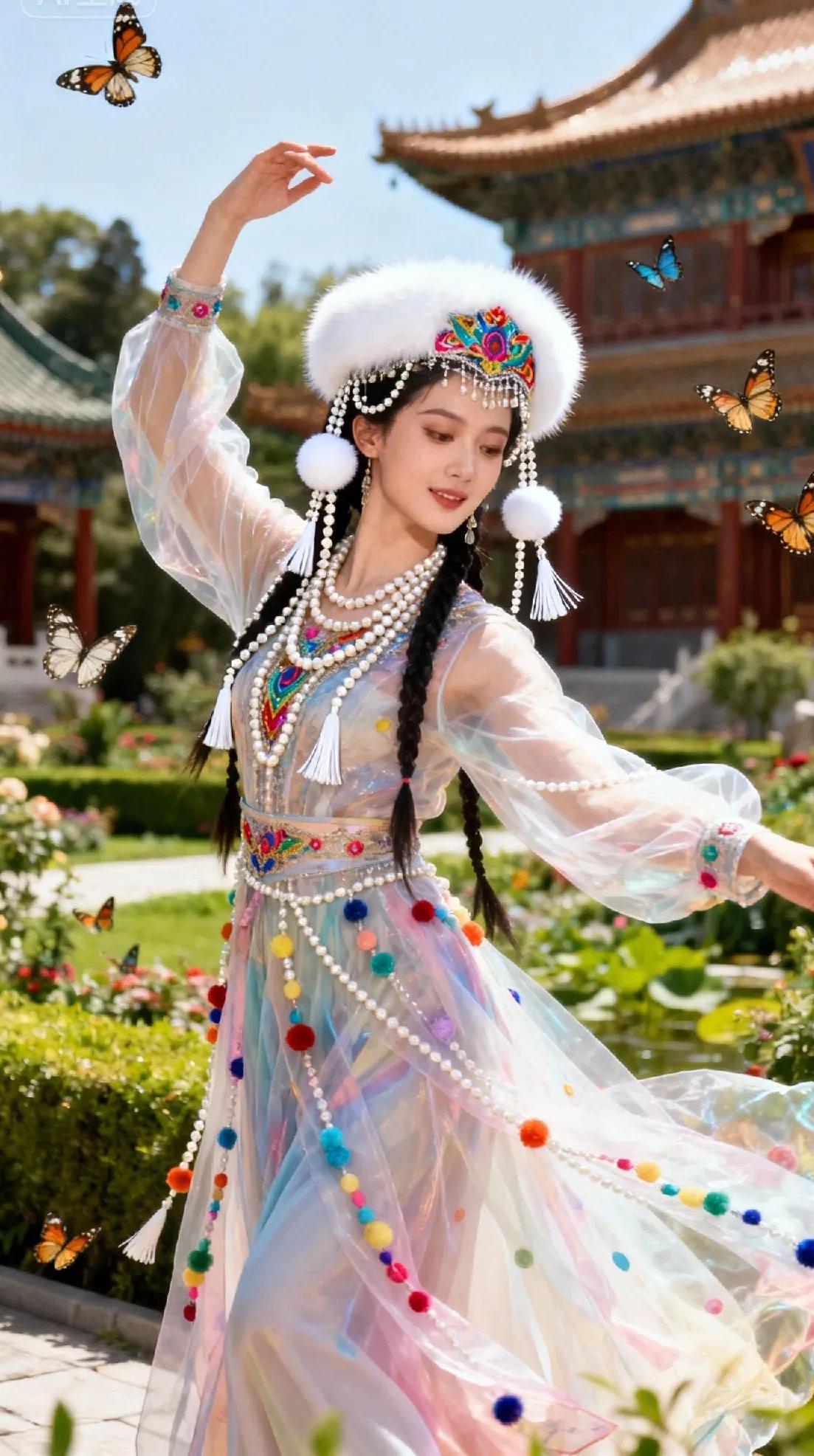 缀满彩珠的纱袖扬起时，惊落鬓边的碎光，和蝴蝶一起撞进御苑的花影里。
 
珠串随着