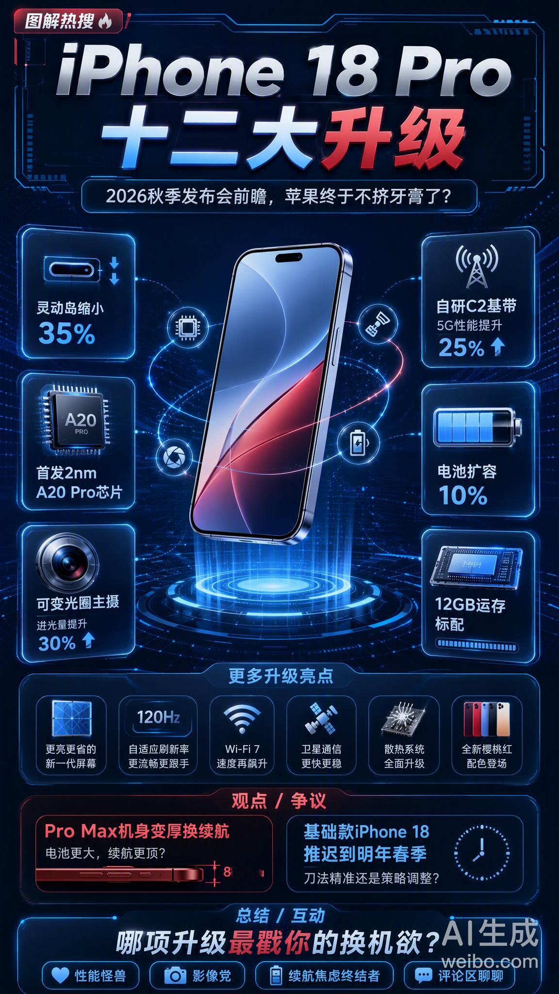iPhone18Pro十二大升级涵盖芯片、影像、通信等维度的十二大核心升级，但受