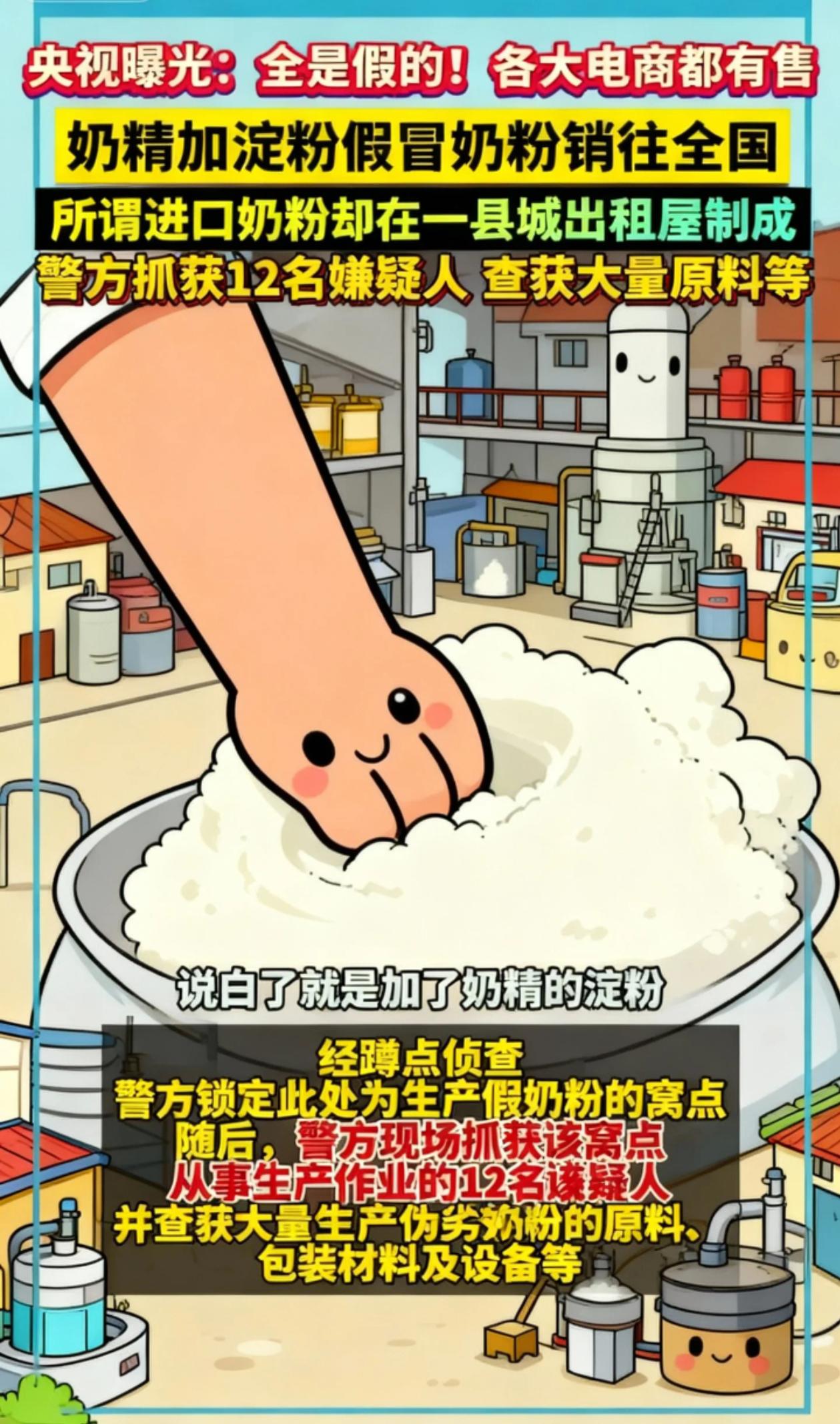 央视曝光：全是假的！各大电商都有售！奶精加淀粉
假冒奶粉销往全国，所谓进口奶粉却