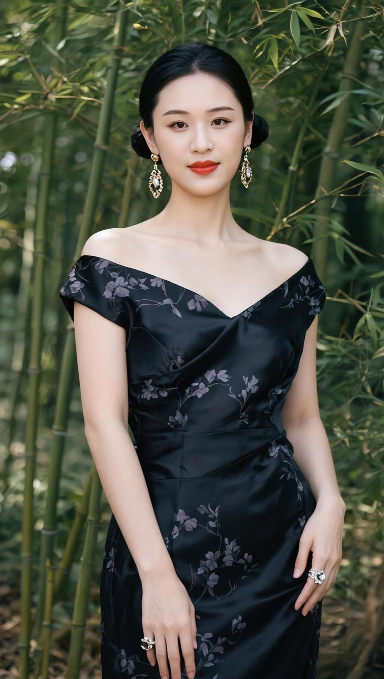 在竹影婆娑的背景下，一袭复古礼服静静绽放，仿佛时光倒流，诉说着旧时光的浪漫与优雅