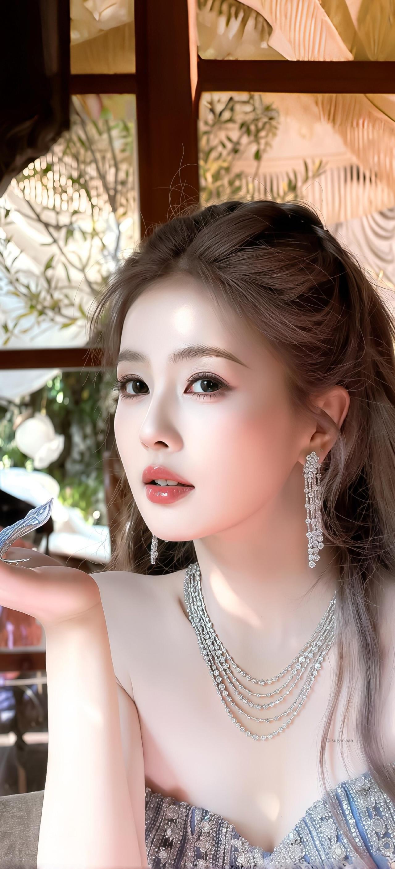 白鹿她俏皮可爱的模样，嘟着嘴，她优雅大气的造型，身着华丽服饰，气质出众，仿佛从画