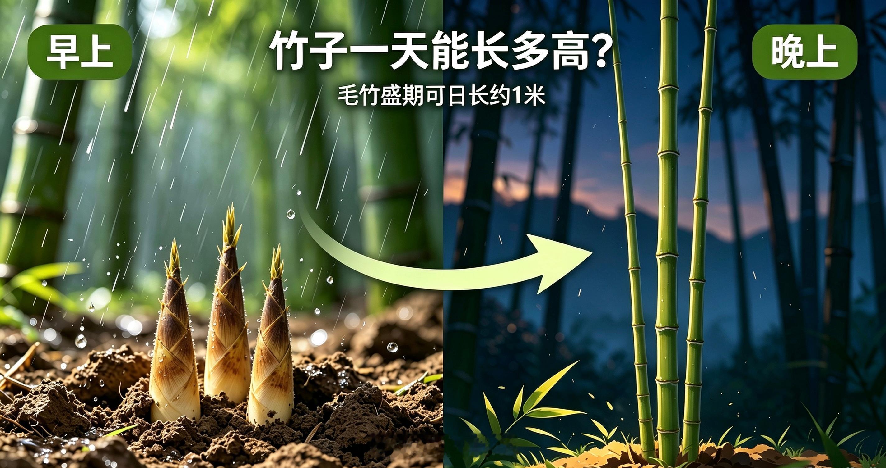 竹子是世界上生长速度最快的植物之一。生长旺季，竹子一天可以长高近1米，甚至有记录