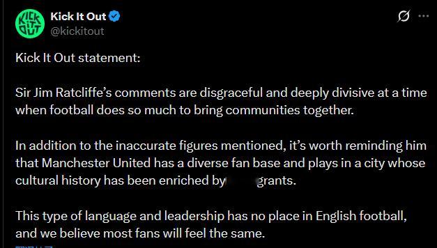 反歧视组织Kick It Out也对拉爵的言论发表评论吉姆·拉特克利夫爵士的言论