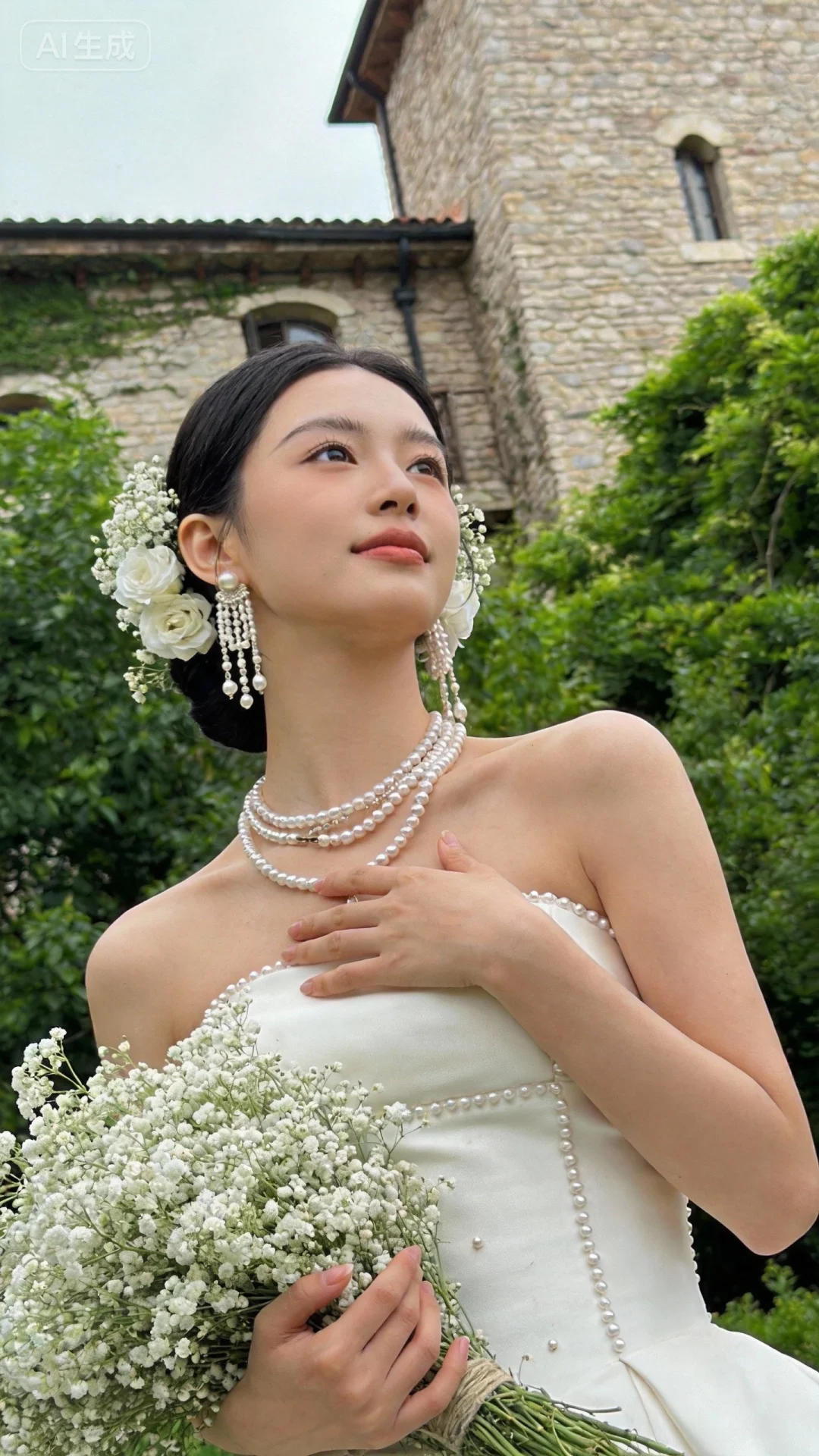 背景：户外自然场景，有古朴的石墙和茂密的绿植，营造出清新自然又带点复古感的氛围。