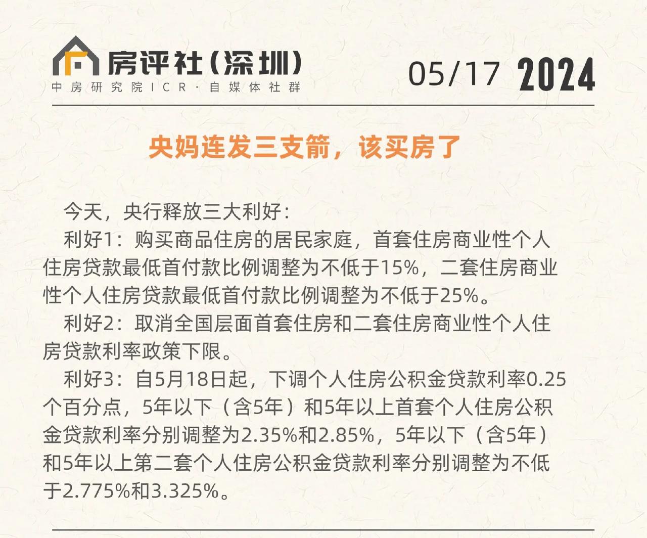 赶紧买房吧，再不买房就对不住人家诚意了！你看看，今天人家央妈连发三支箭，降首套首