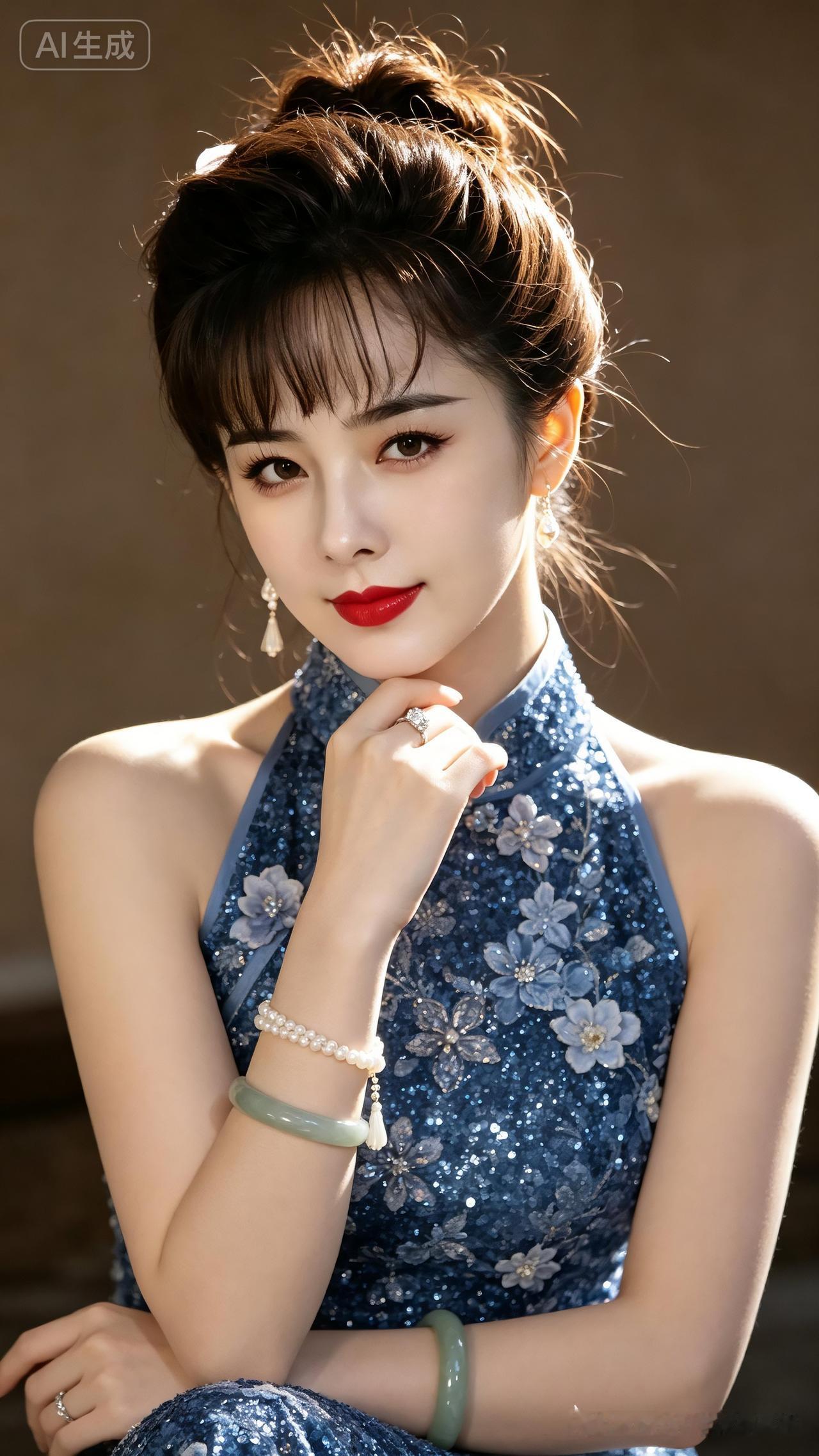 温婉东亚女子束棕色低丸子头，身着重工蓝色亮片挂脖旗袍，珍珠青玉首饰雅致大方。侧逆