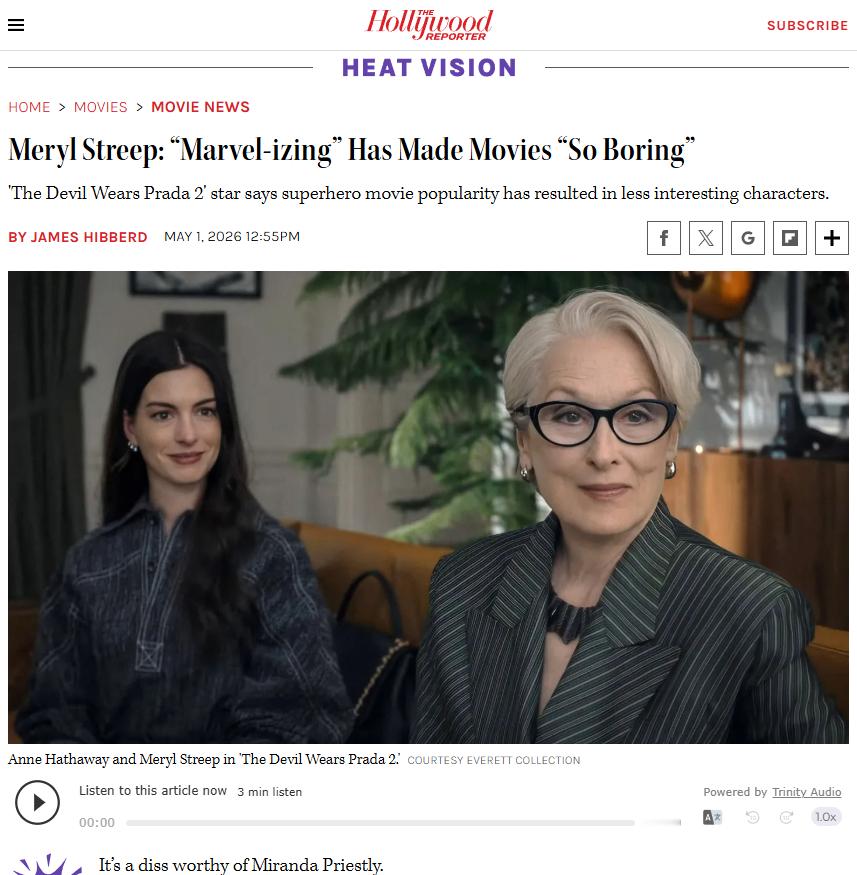 梅姨 Meryl Streep 锐评「电影漫威化」Meryl Streep 接受