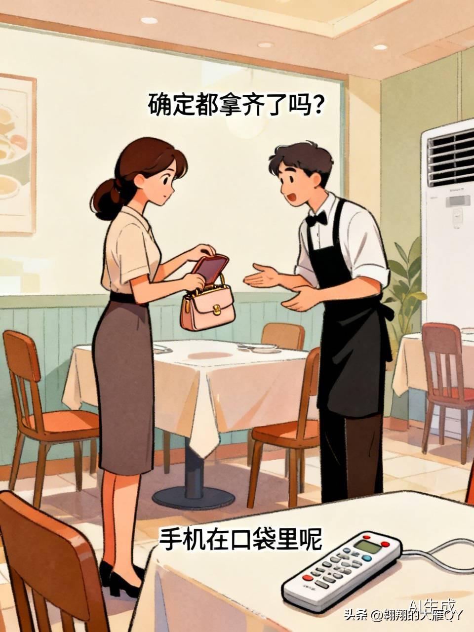 有一位美女在饭店用完餐后，准备离开时，被服务员拦下了。说你这就走啊，你的东西都拿