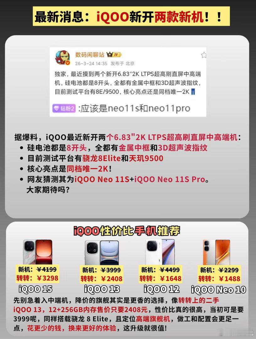 iQOO这波是要把中端机卷到飞起啊！Neo 11S系列这俩新机，爆料直接给全了：