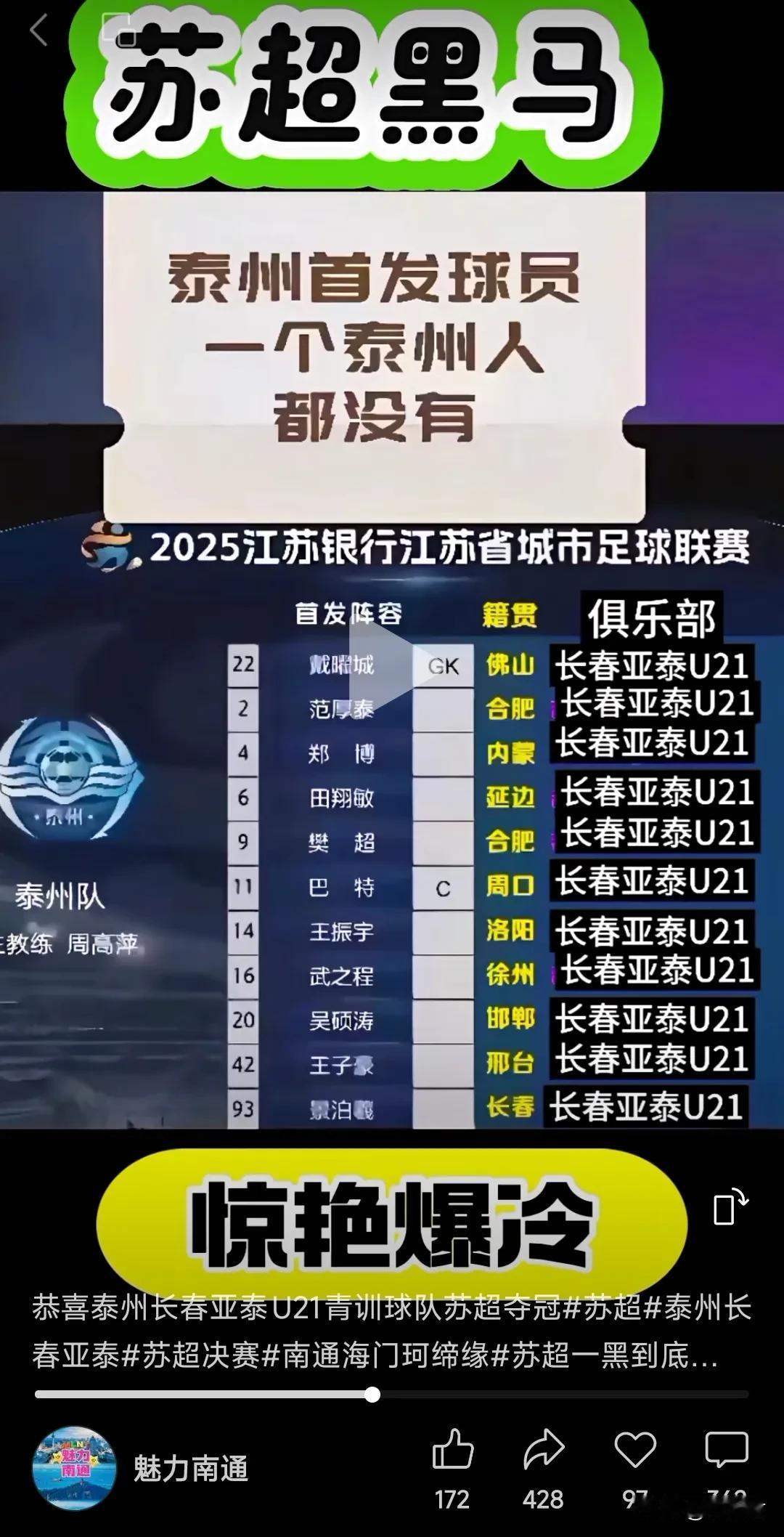 “泰州队一个泰州人都没有！”
苏超最终落下帷幕，泰州以黑马的姿态一黑到底，捧起了