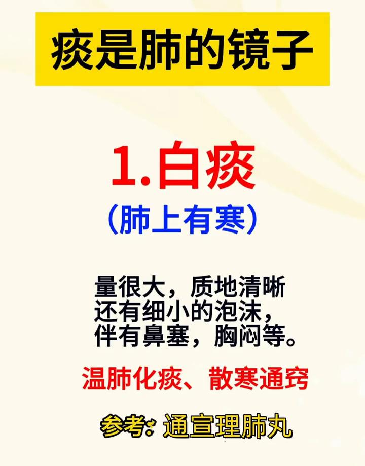 痰是肺的镜子。
·1.白痰(肺上有寒)：量很大，质地清晰，还有细小的泡沫，伴有鼻