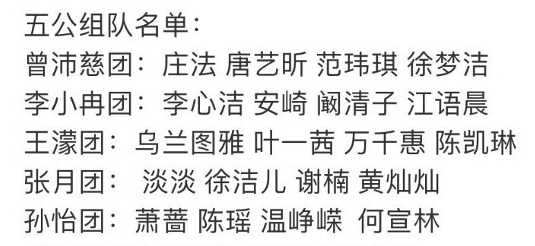 浪姐五公分组名单：曾沛慈团：庄法 唐艺昕 范玮琪 徐梦洁李小冉团：李心洁 安崎 