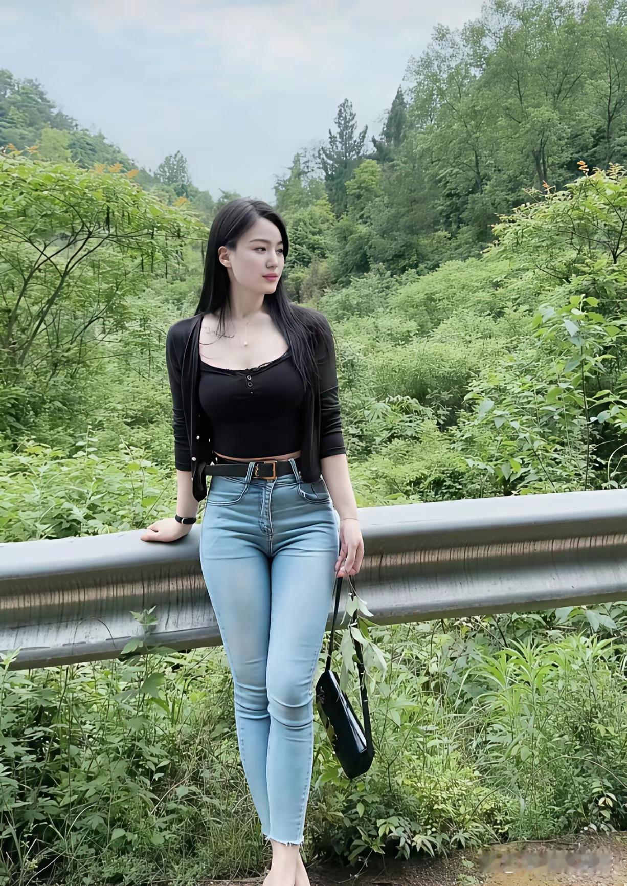 绿意盎然中，黑衣少女倚栏轻笑，自然与时尚完美融合。
