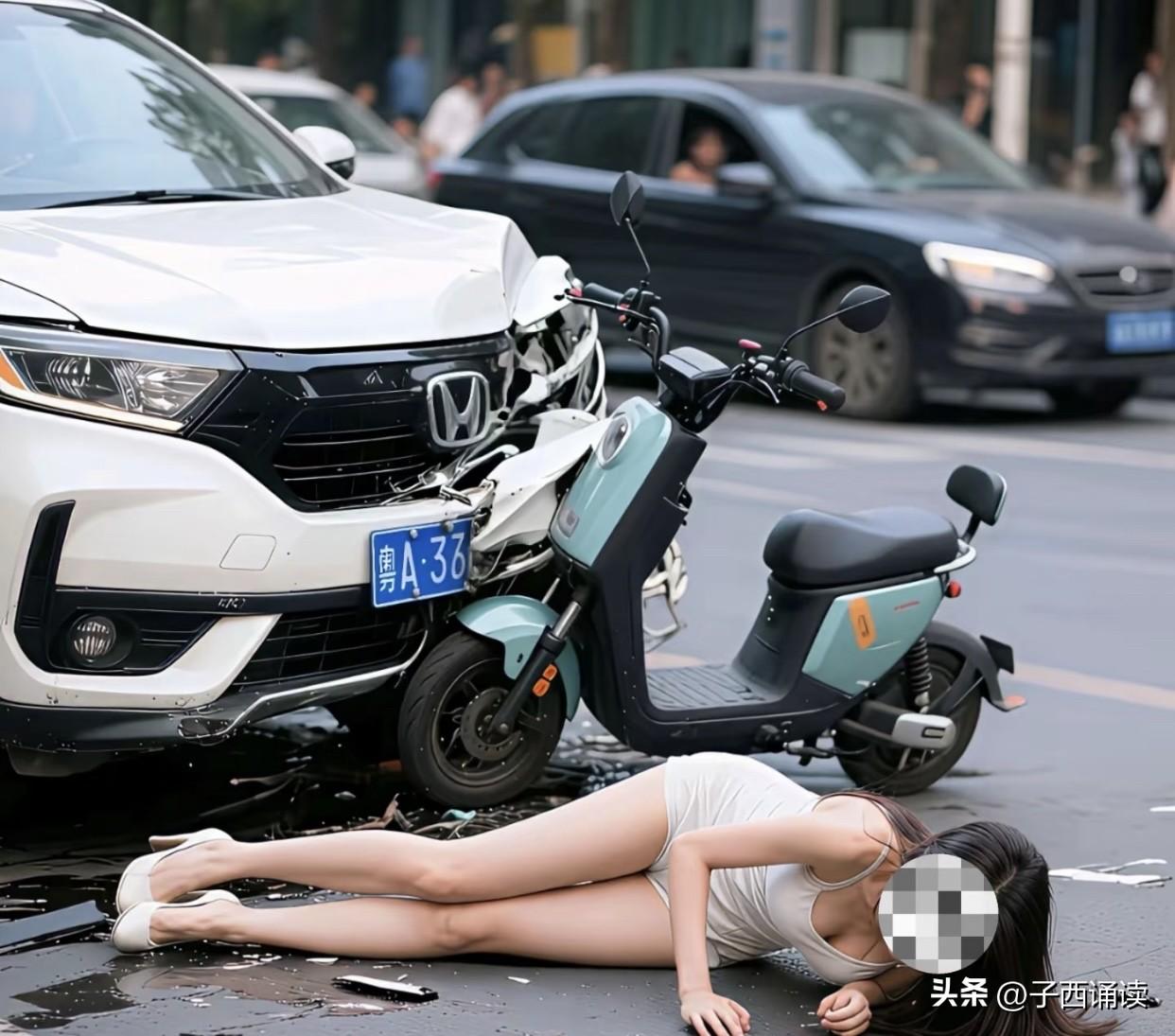 唉啊，看着都怕，这位美女是不是没戴头盔啊，还好撞得不严重，否则后果不堪设想！