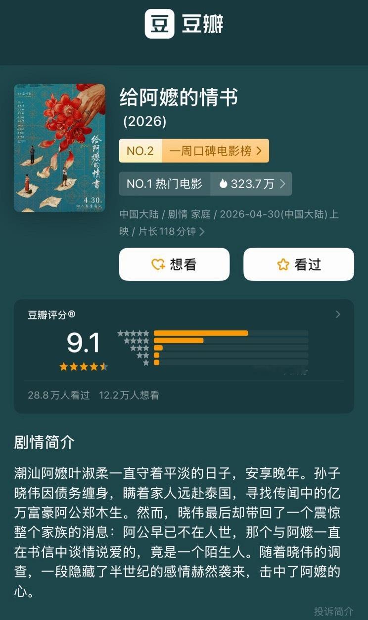 电影《给阿嬷的情书》预测票房上调，猫眼预测最新总票房超10亿！ 