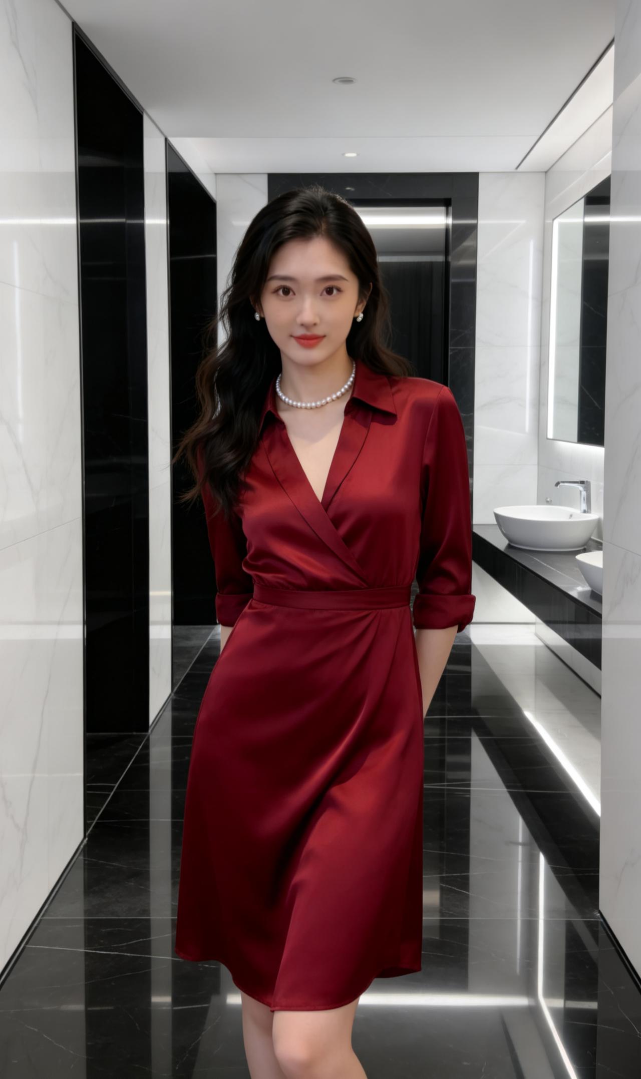 酒红色缎面V领收腰衬衫裙，
翻领设计利落大气，
腰间系带勾勒腰线，
垂坠感面料尽