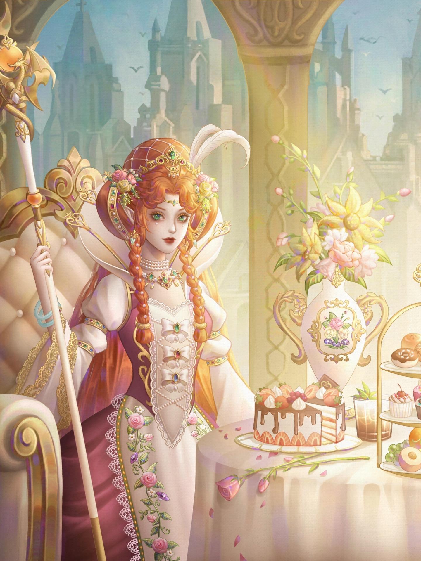 与母后大人一起共进午餐。绘制了爱莉斯卡和母后共进午餐的场景 oc