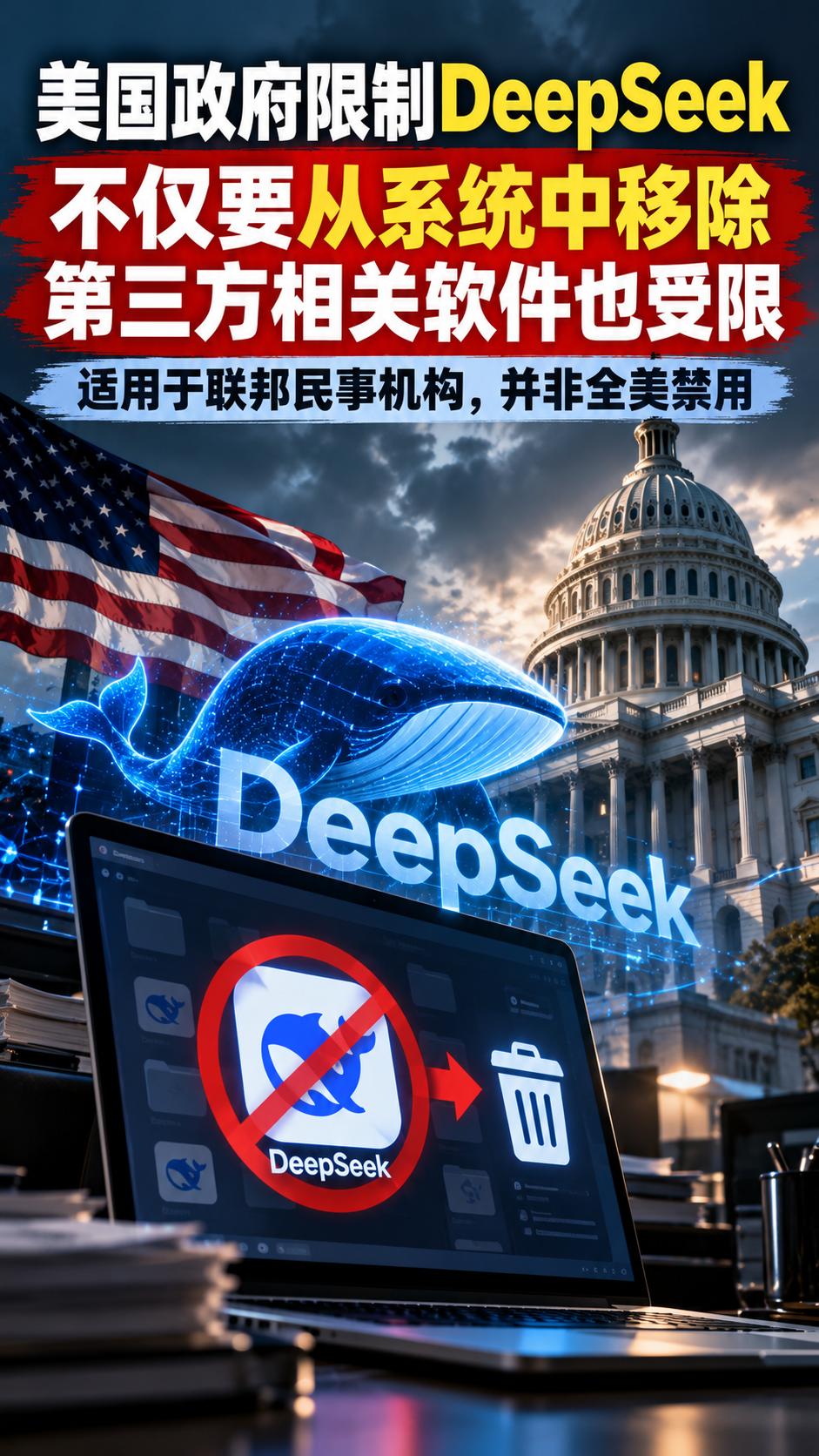 美国对DeepSeek下狠手！不仅政府电脑要卸载，连用它技术的第三方软件也遭全面
