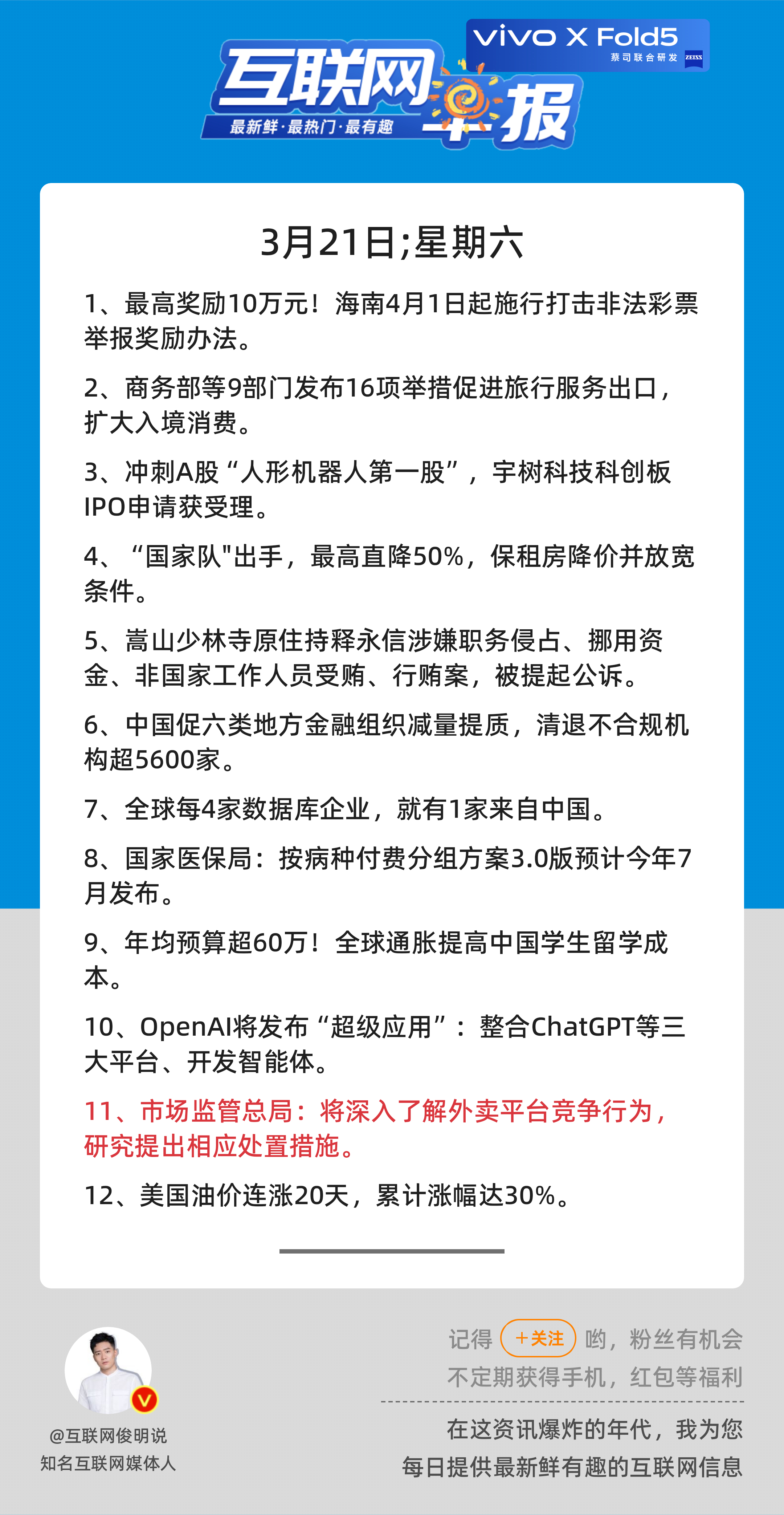 3月21日，星期六，《第3084期》；互联网早报，众览天下事关心第11条：市场监