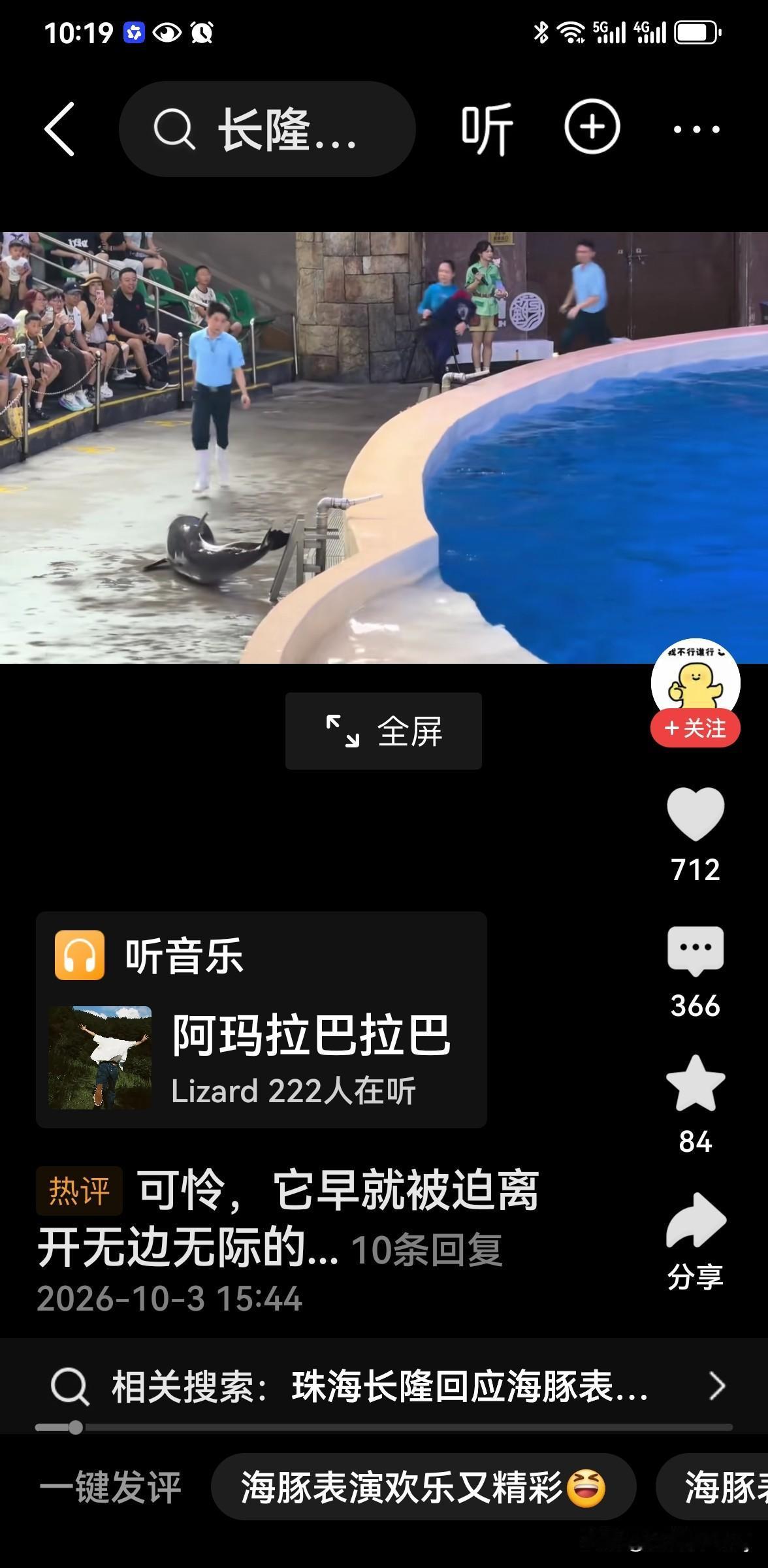 2026年10月2日，珠海长隆海洋王国海豚表演现场发生意外，一只海豚因游动惯性冲