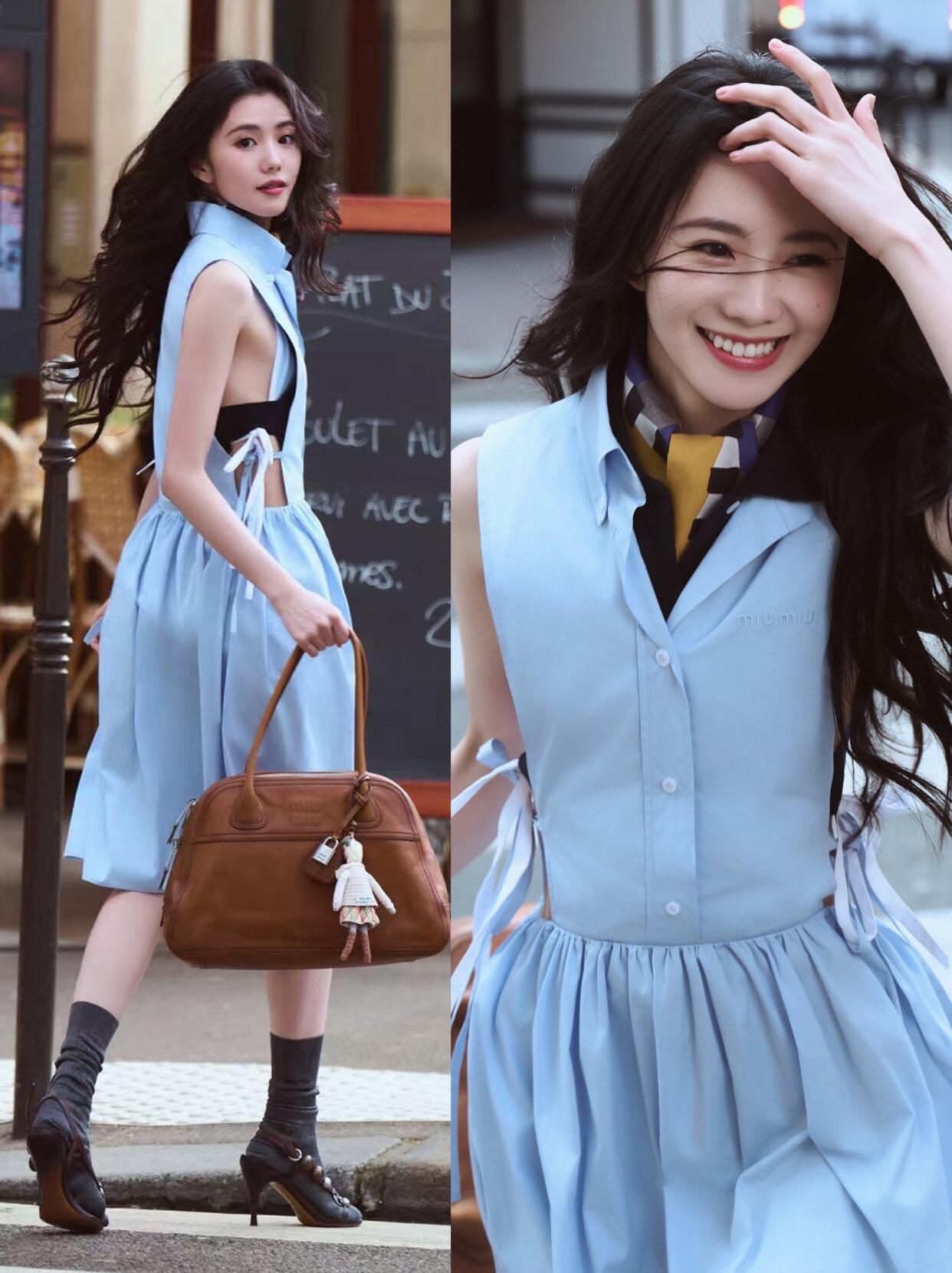 巴黎时装周时装周 MiuMiu女孩刘浩存 李庚希 巴黎时装周，粉蓝无袖连衣裙，清