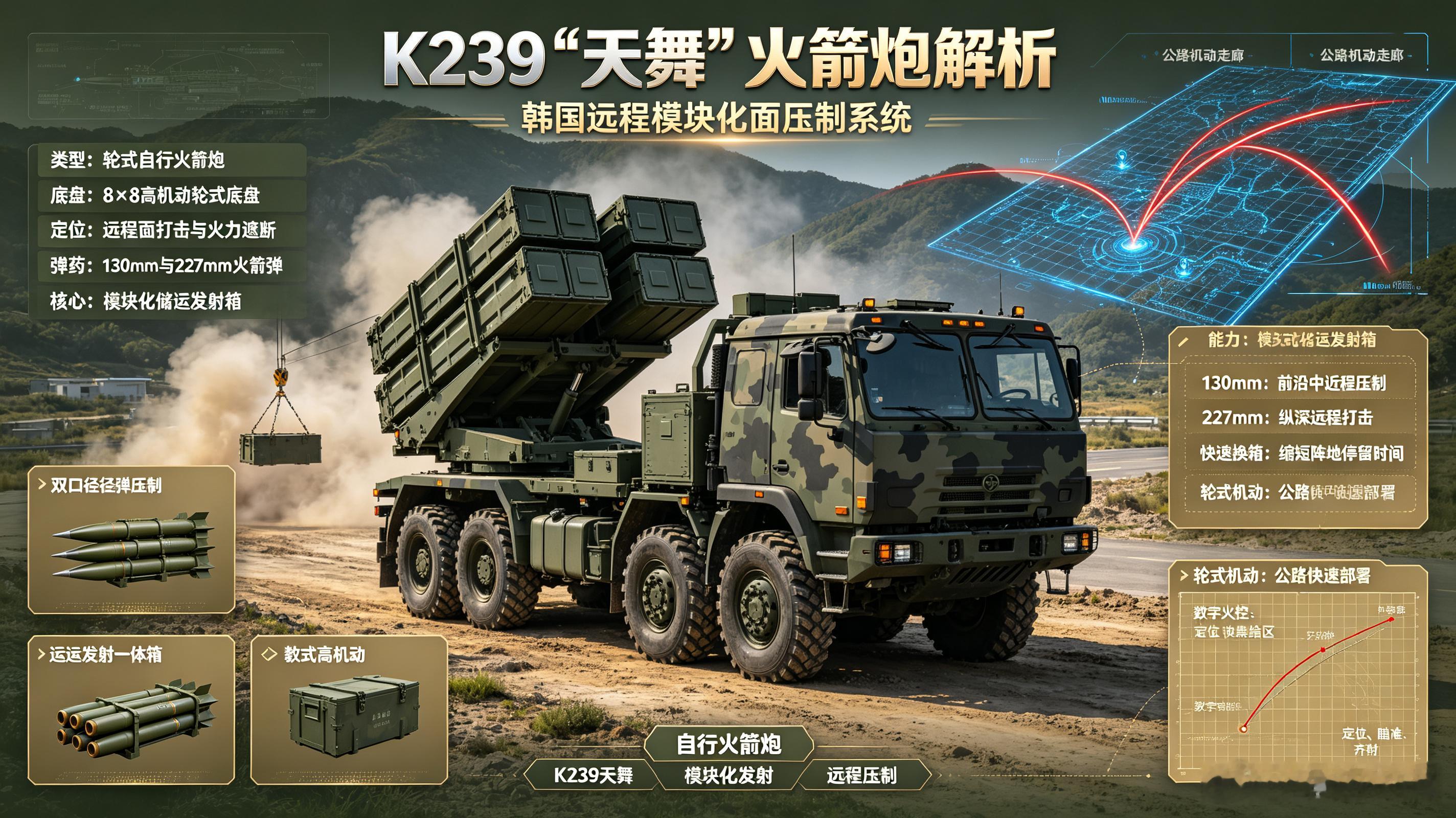 每天认识一件兵器K239“天舞”，韩国轮式模块化自行火箭炮。采用8×8高机动底盘