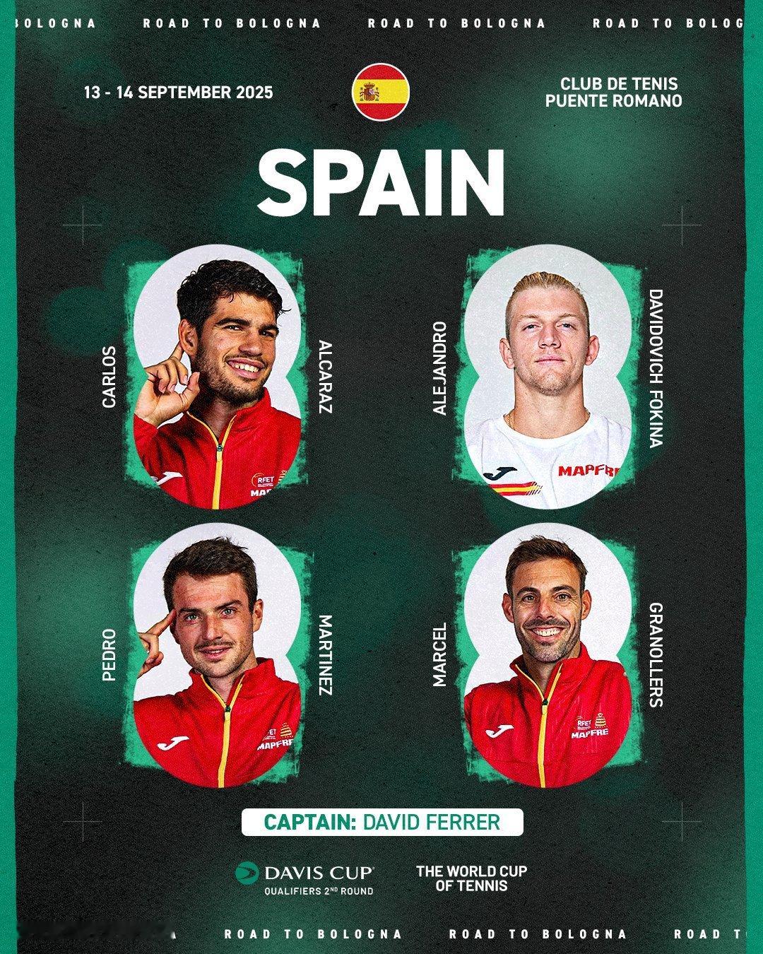 2025戴维斯杯 资格赛第二轮西班牙队阵容公布🇪🇸阿尔卡拉斯达维多维奇马丁内