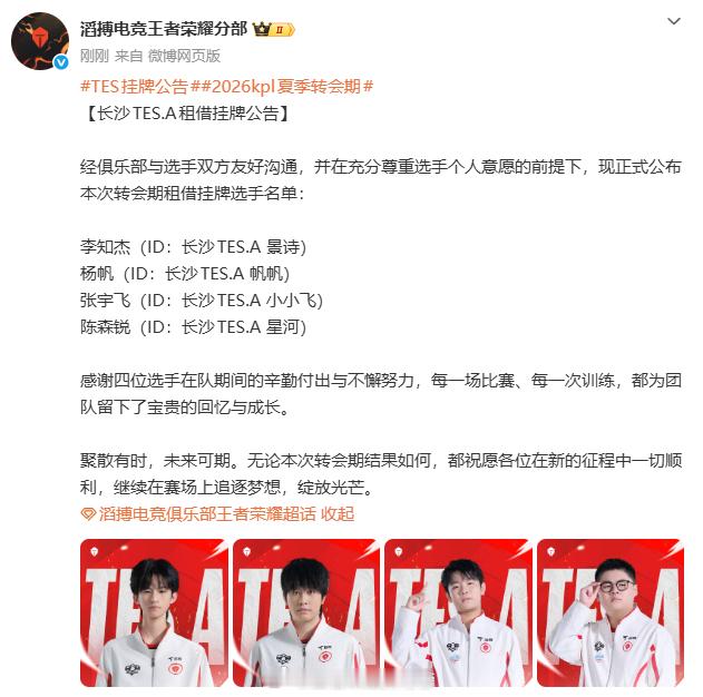 TES挂牌公告2026KPL夏季转会期长沙TES挂牌名单正式公布，战队迎来阵容调