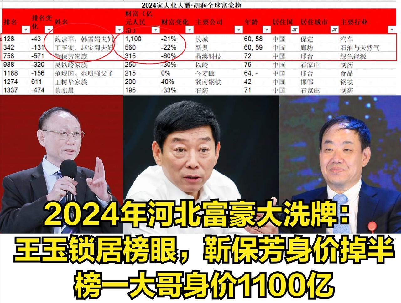 2024年河北富豪大洗牌：王玉锁居榜眼，靳保芳身价掉半，榜一大哥身价1100亿
