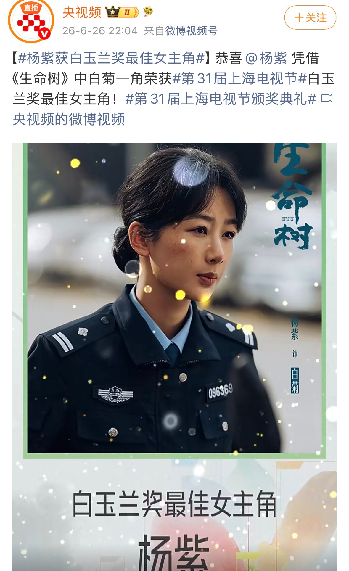 白玉兰最佳女主杨紫 