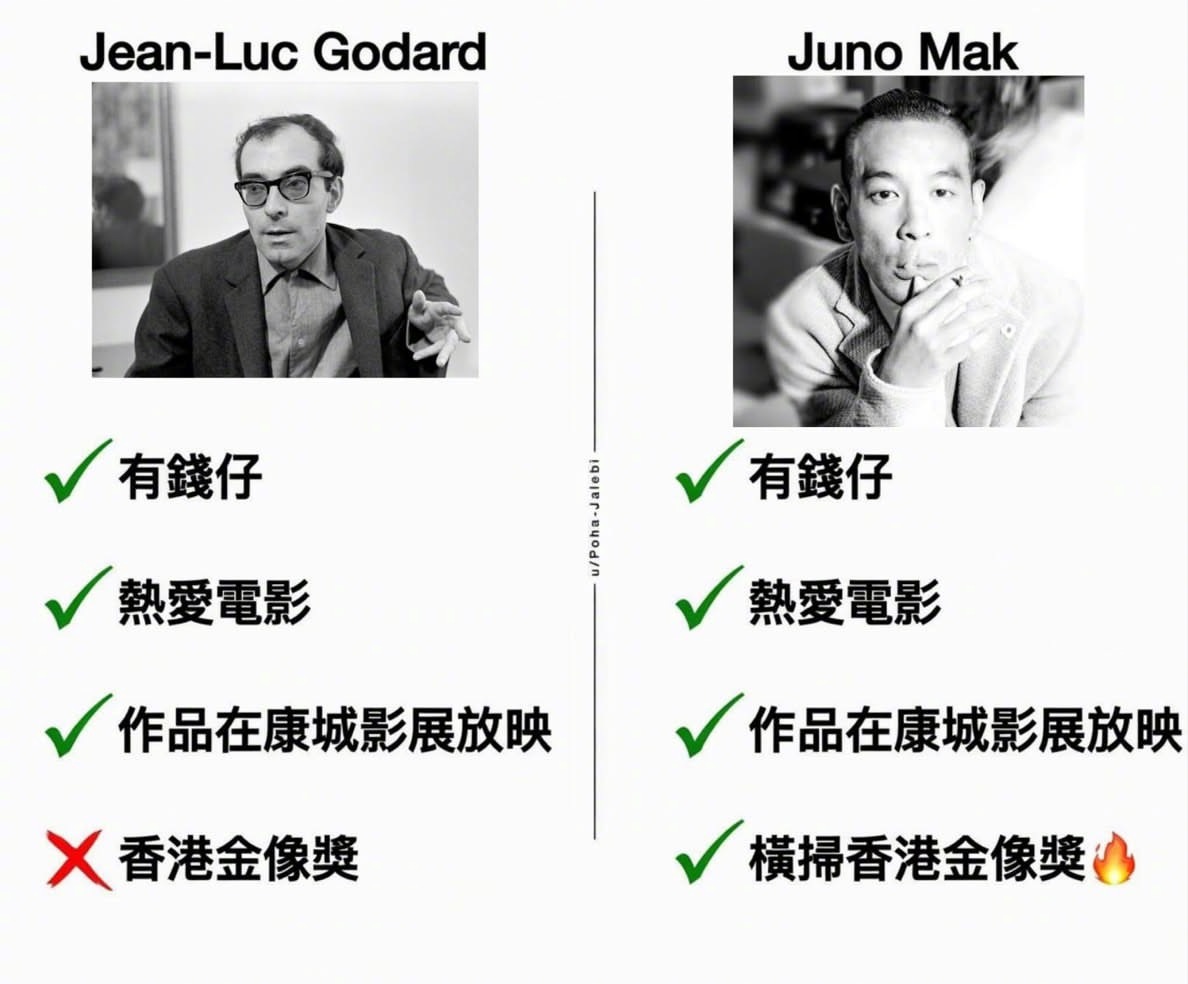 网友：戈达尔和麦浚龙唯一的区别，没拿过金像奖综上得出：麦浚龙劲过戈达尔风林火山麦