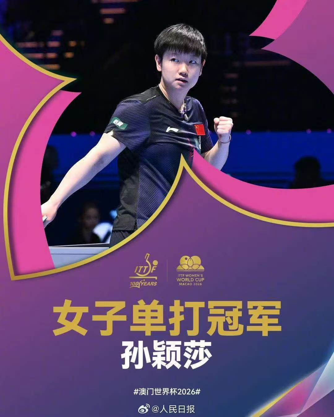 祝贺孙颖莎创造历史孙颖莎首位女单三连冠 孙颖莎连续第三次夺得国际乒联世界杯女单冠