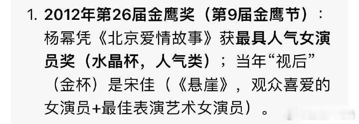 这么看那一届金鹰奖宋佳是金杯视后，杨幂是水晶杯人气奖，为啥蜜蜂不出来澄清此事呢？
