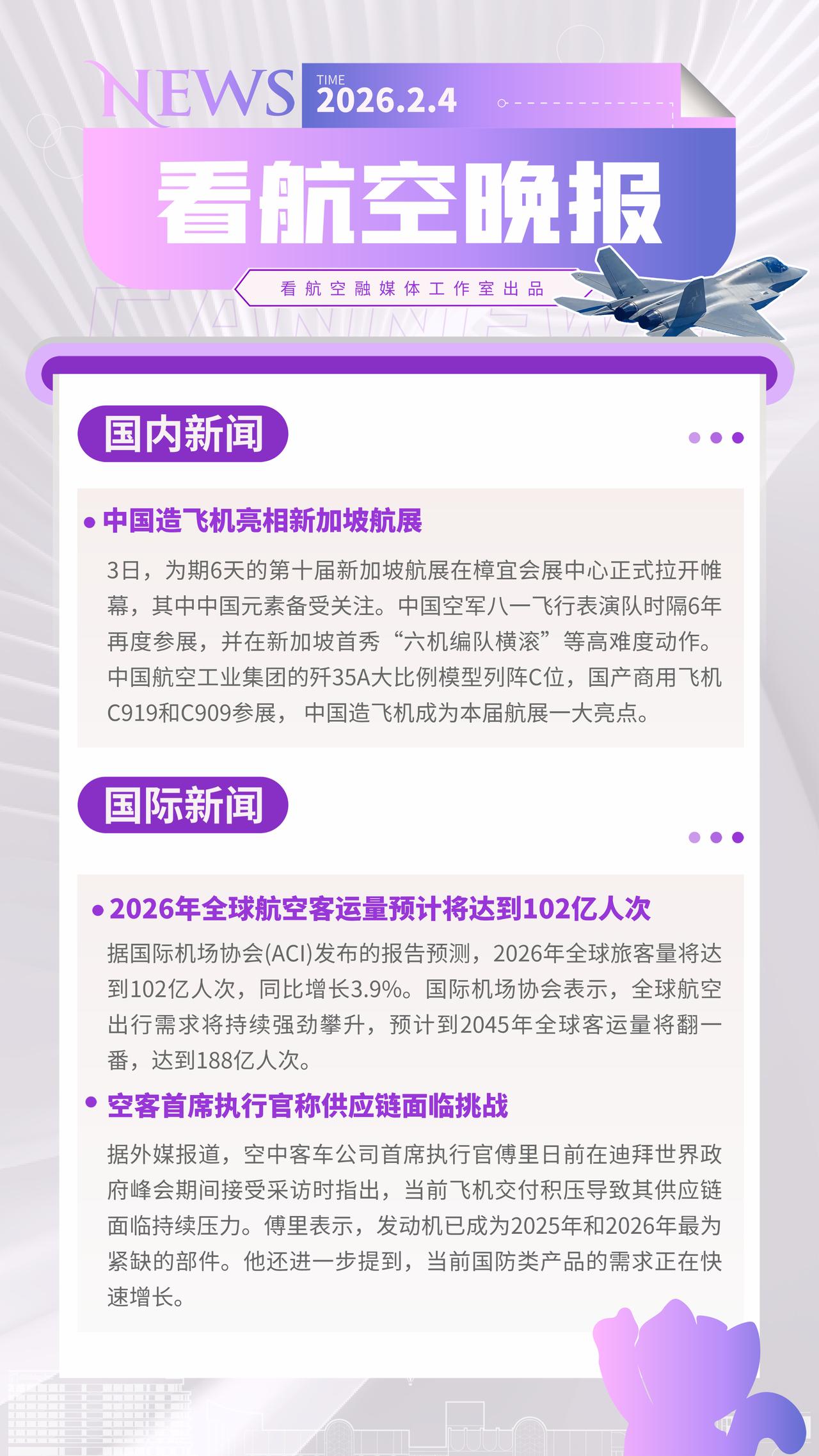 2.4晚报
中国造飞机亮相新加坡航展
2026年全球航空客运量预计将达到102亿