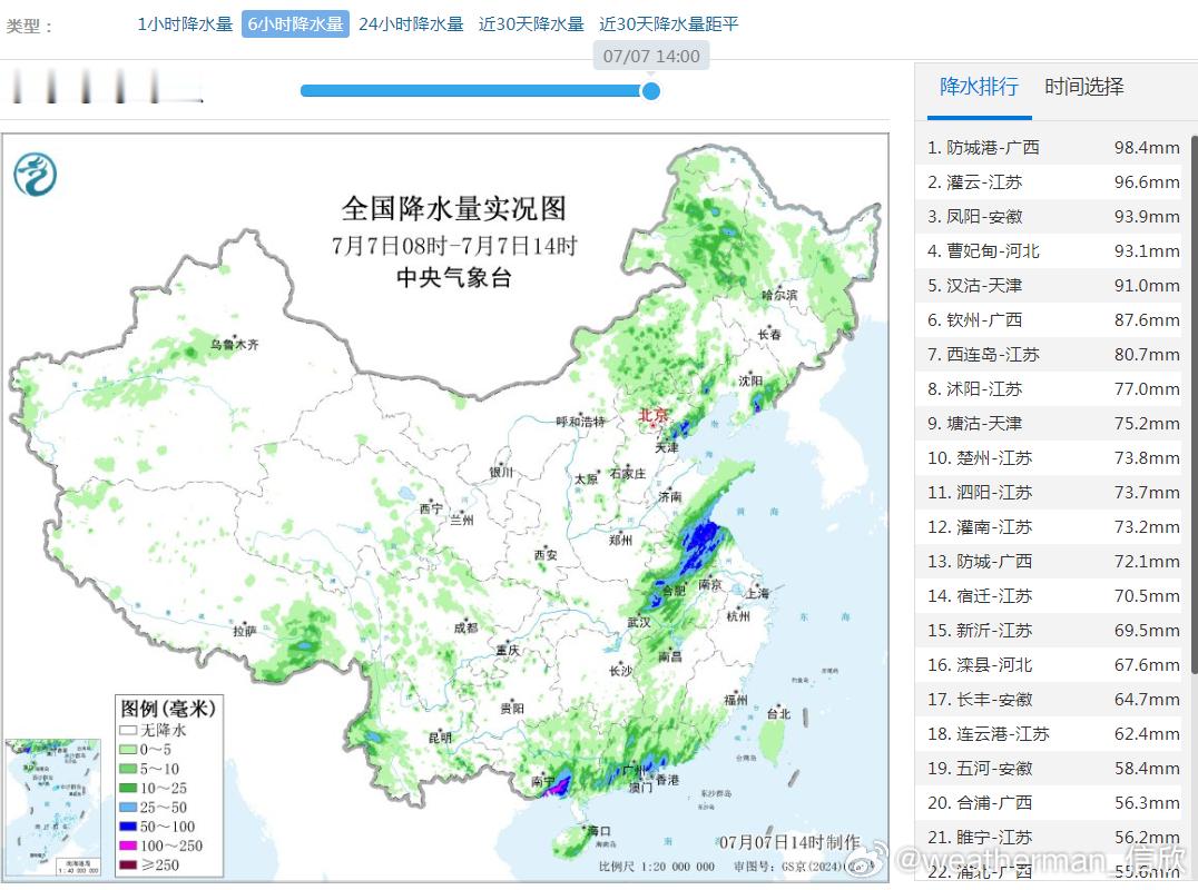 【强降雨和强对流】今天08-14时，我国中东部，从北往南依然有不少对流降雨，对应