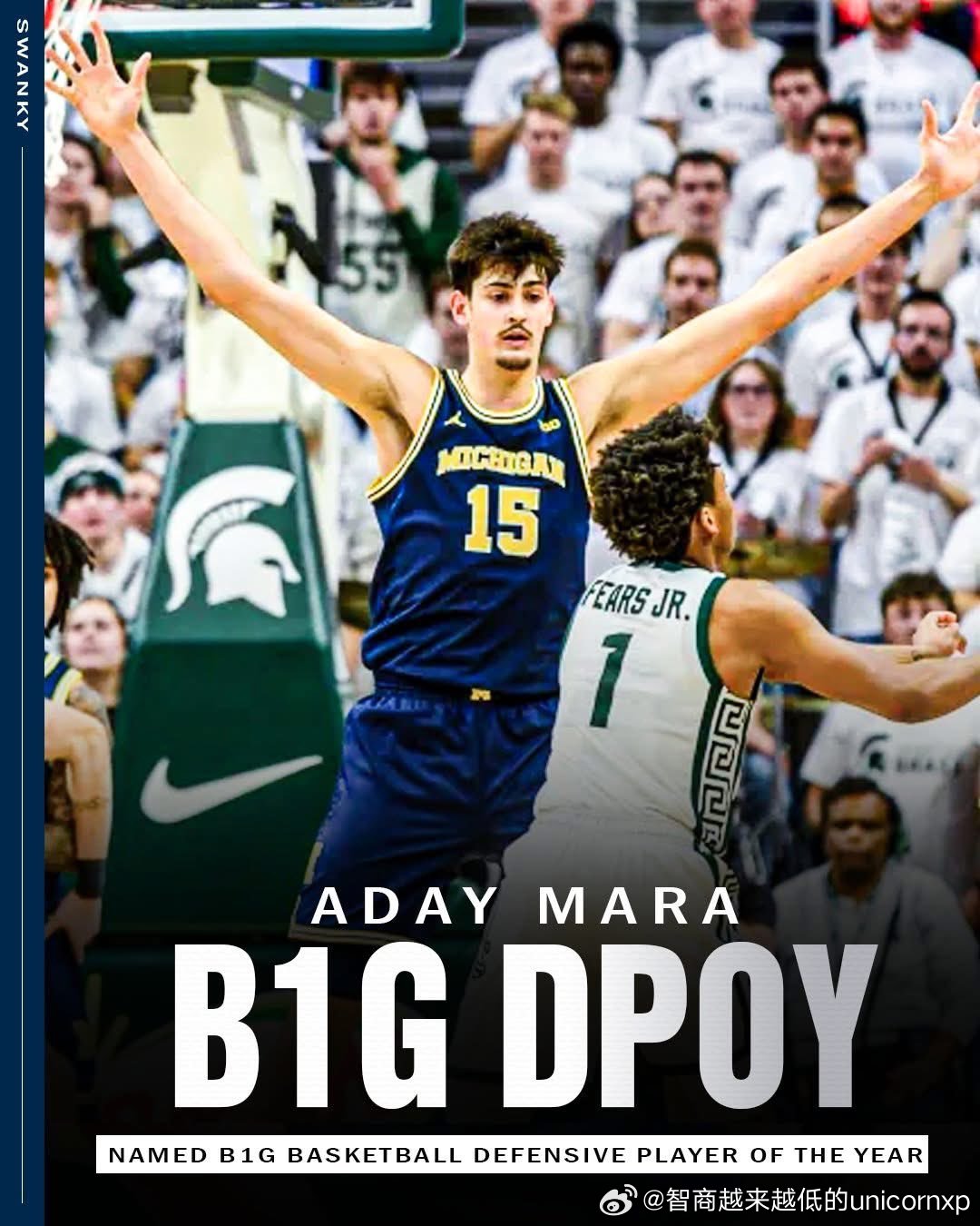 Aday Mara获得Big10联盟年度最佳防守球员NBANCAA