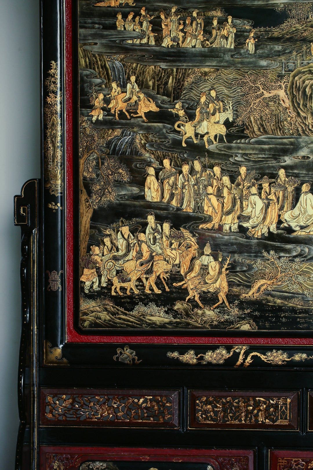 重工漆画‼️【群仙祝寿图】超大插屏清代老楠木，历史实数月打造，通体描金工艺，金粉