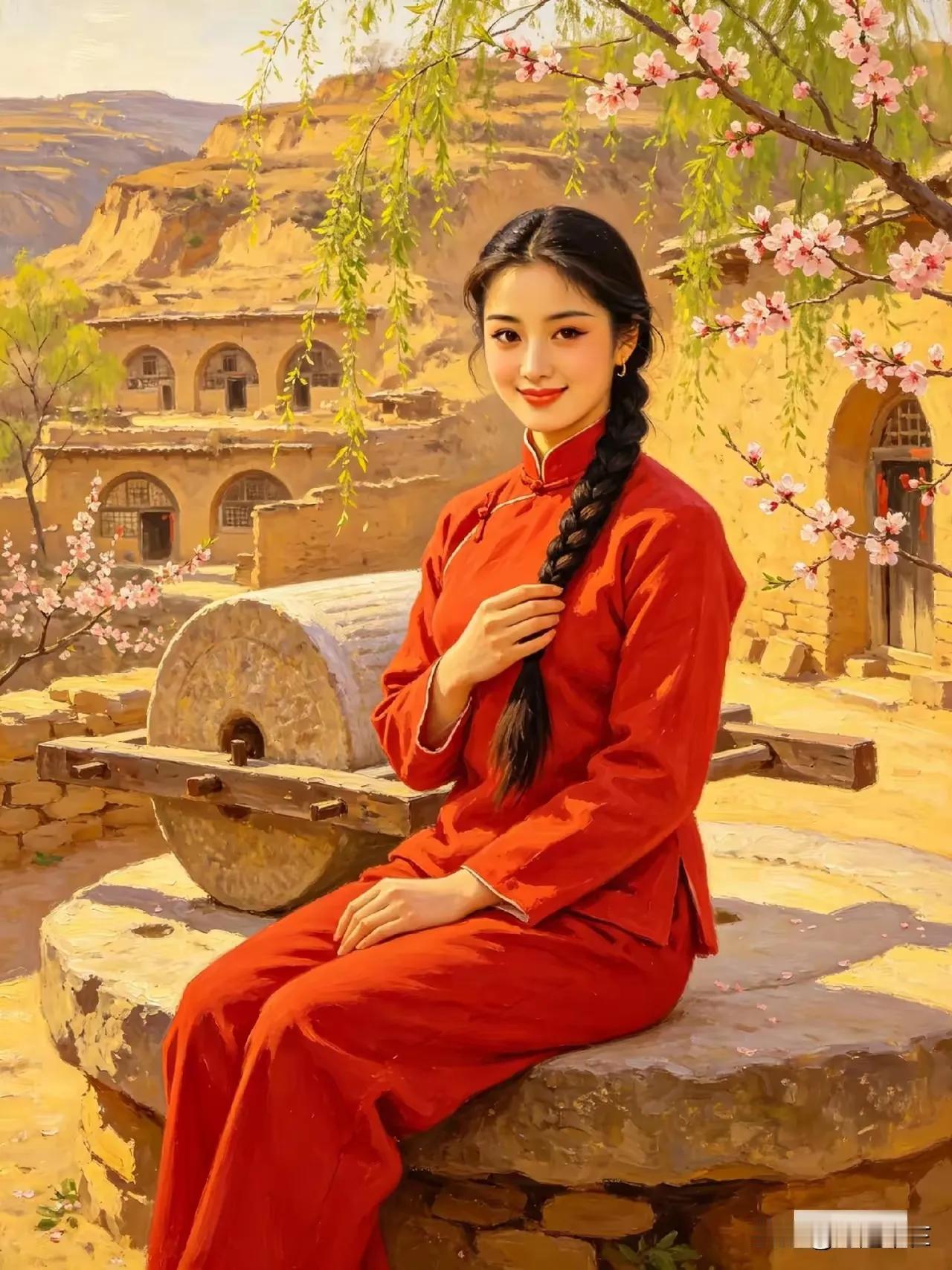 黄土坡上待嫁的新娘一身红衣闪亮发光，乌黑油亮的辫子披在胸前，脸上露出的笑意滿怀喜