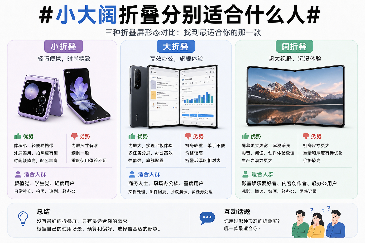 小大阔折叠分别适合什么人折叠屏发展到现在，其实已经没有绝对的“最好”，更多是看谁