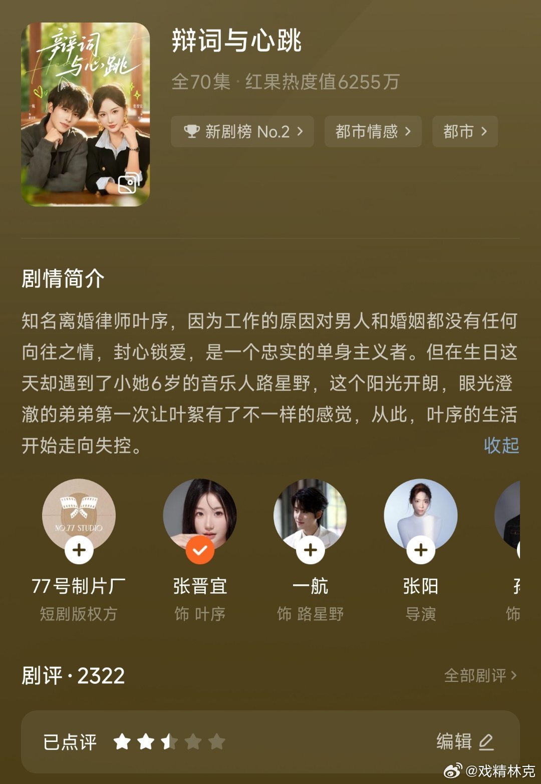 短剧抛弃录 NO.1《辩词与心跳》张晋宜+一航，首日热度6255万，收藏53.7