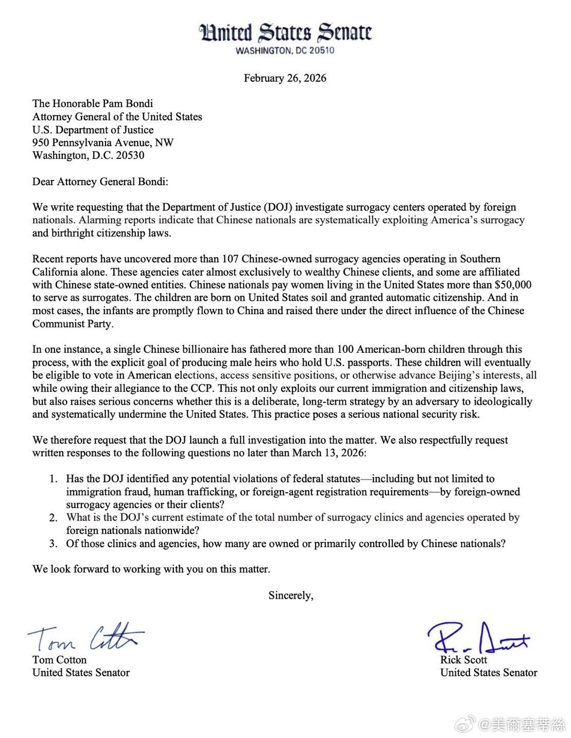 共和黨參議員Tom Cotton和Rick Scott聯名致函給司法部長Pam 