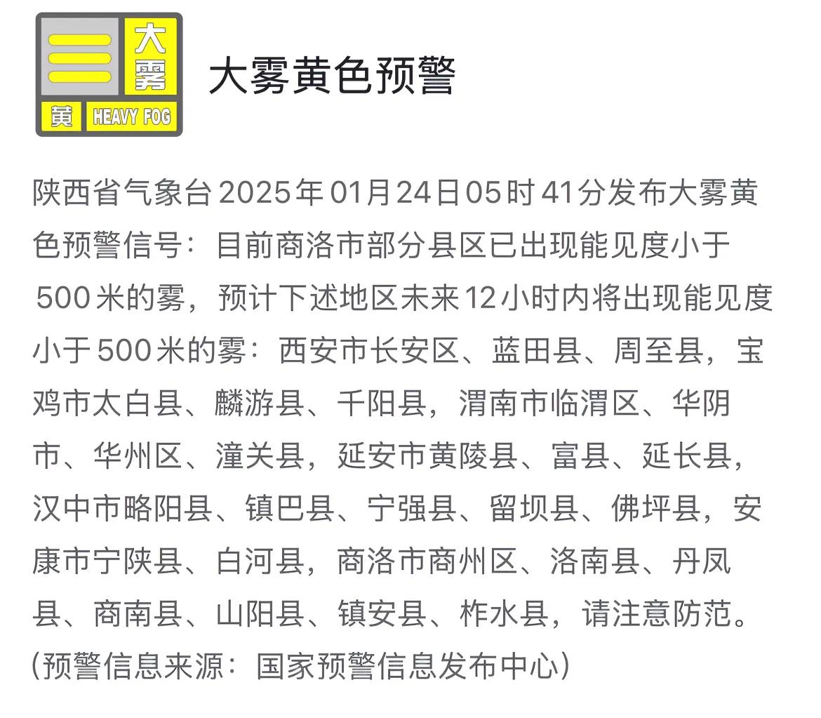 陕西省气象台2025年1月14日05时41分发布大雾黄色预警信号。