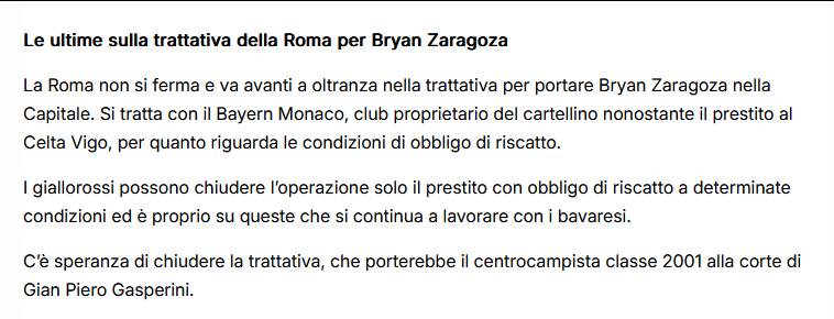 迪马济奥关于萨拉戈萨的报道：罗马与拜仁之间陷入了焦灼的谈判。目前的转会条件已经从